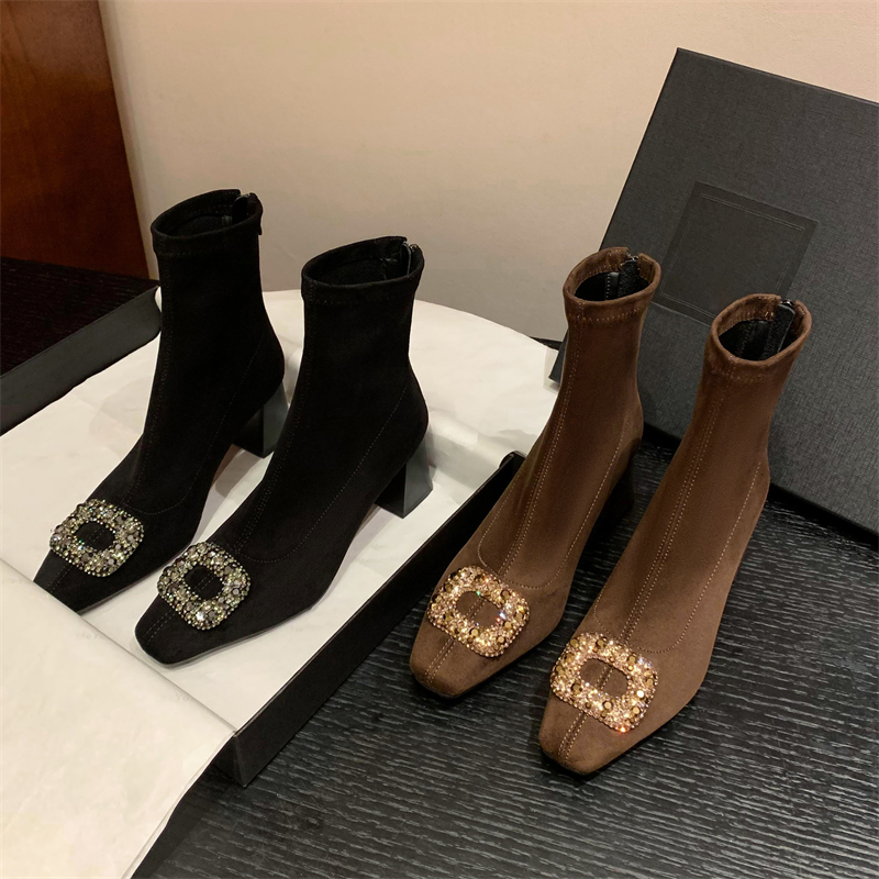 Women's High-Heeled Chunky Heel Suede Ankle Boots with Flashy Rhinestone Square Buckle and Square Toe - Glamorous Fashion Statement Women's High-Heeled Chunky Heel Suede Ankle Boots with Flashy Rhinestone Square Buckle and Square Toe - Glamorous Fashion Statement