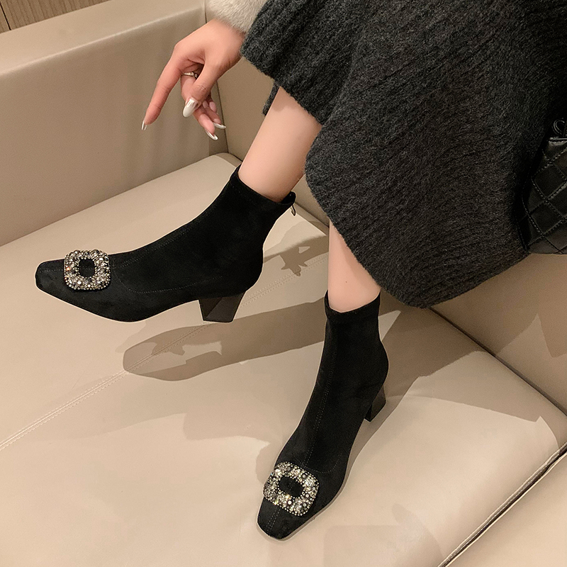 Women's High-Heeled Chunky Heel Suede Ankle Boots with Flashy Rhinestone Square Buckle and Square Toe - Glamorous Fashion Statement Women's High-Heeled Chunky Heel Suede Ankle Boots with Flashy Rhinestone Square Buckle and Square Toe - Glamorous Fashion Statement