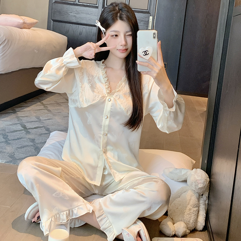 Women's Ice Silk Long Sleeve Lace Butterfly Pajama Set - Stylish Homewear for Spring & Summer, Perfect for Cozy Nights