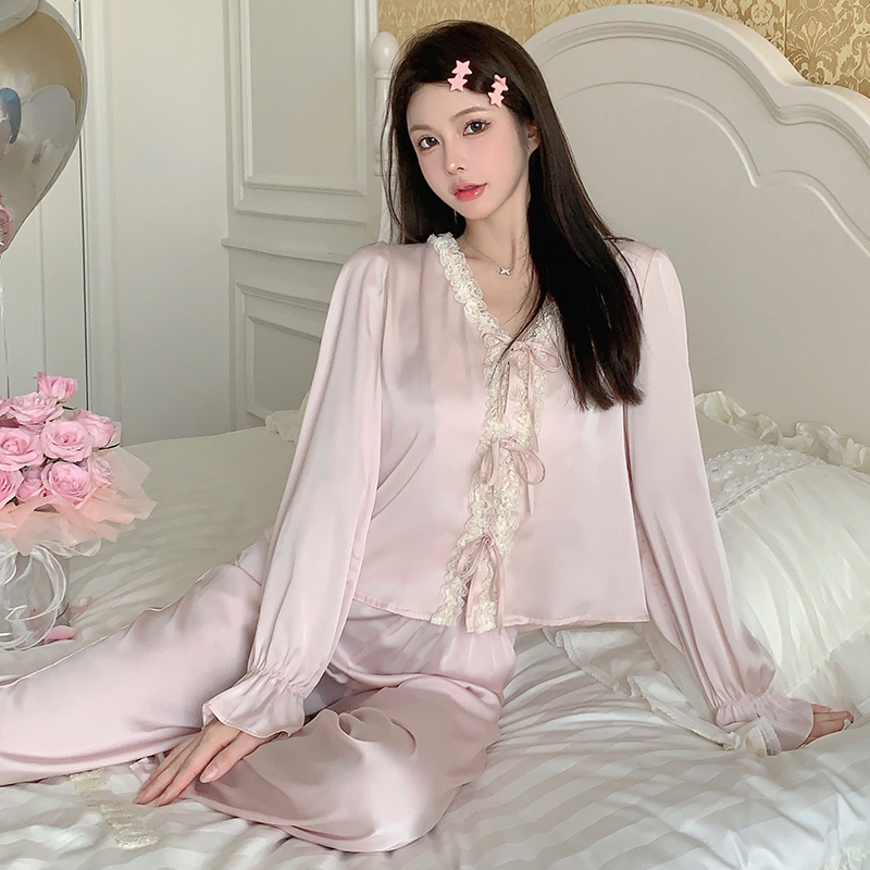 Women's Ice Silk Long Sleeve Pajama Set with Lace, Sexy Homewear for Spring and Autumn, Versatile for Summer Outings