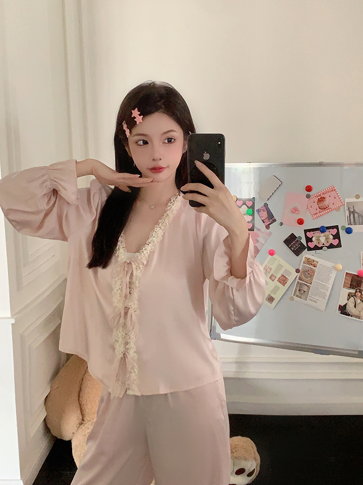 Women's Ice Silk Long Sleeve Pajama Set with Lace, Sexy Homewear for Spring and Autumn, Versatile for Summer Outings Women's Ice Silk Long Sleeve Pajama Set with Lace, Sexy Homewear for Spring and Autumn, Versatile for Summer Outings