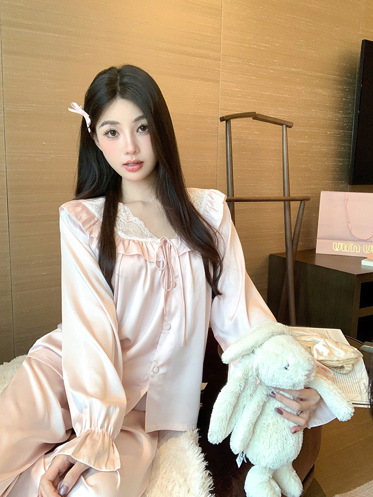 Women's Ice Silk Long Sleeve Pajama Set with Sweet Lace Detail - Stylish Homewear for Spring and Autumn Comfort Women's Ice Silk Long Sleeve Pajama Set with Sweet Lace Detail - Stylish Homewear for Spring and Autumn Comfort
