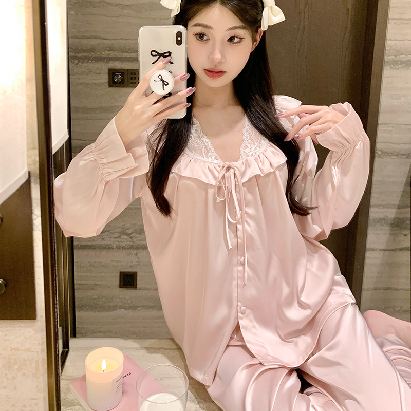Women's Ice Silk Long Sleeve Pajama Set with Sweet Lace Detail - Stylish Homewear for Spring and Autumn Comfort Women's Ice Silk Long Sleeve Pajama Set with Sweet Lace Detail - Stylish Homewear for Spring and Autumn Comfort