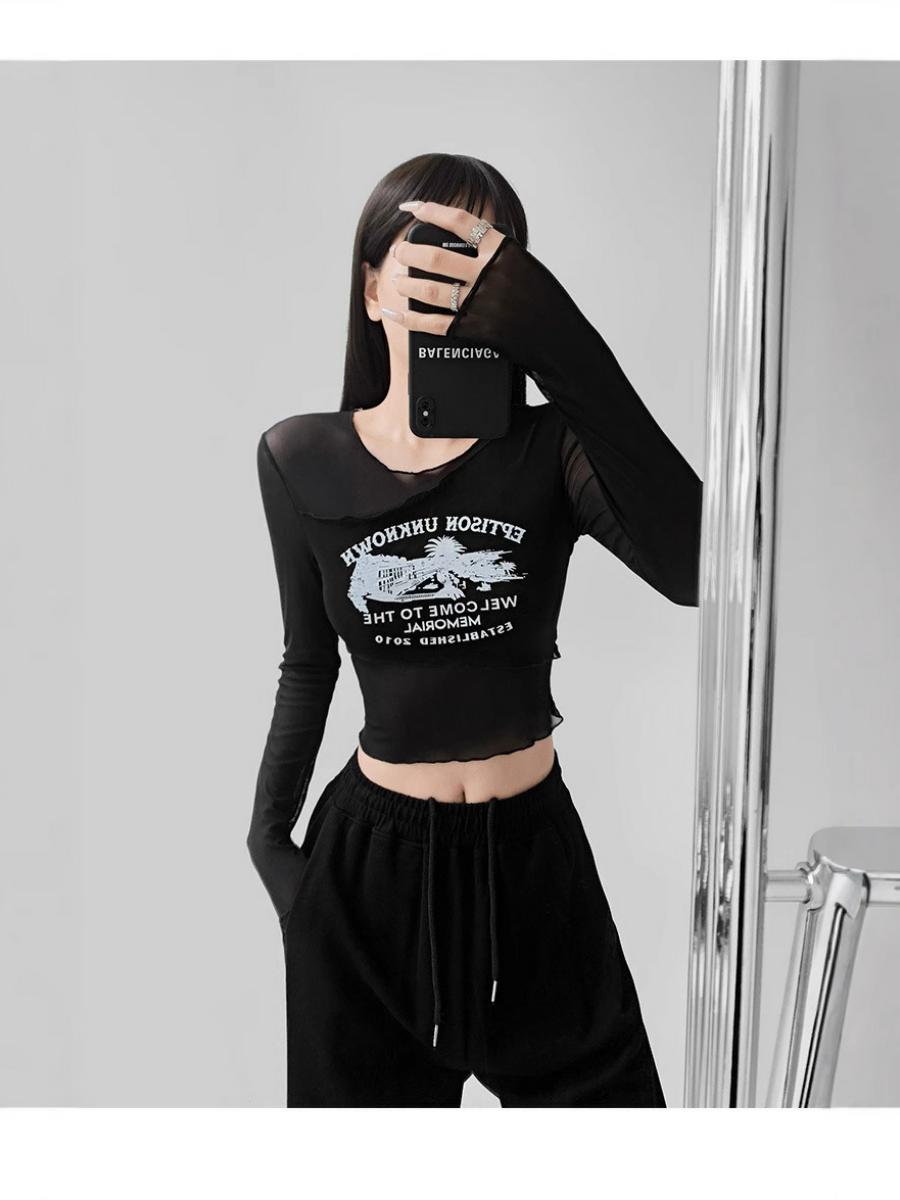 Women's Irregular Long-Sleeve T-Shirt, Slim-Fit Mesh Layer, Flattering Cover-Up for Early Autumn 2025, Trendy and Lightweight