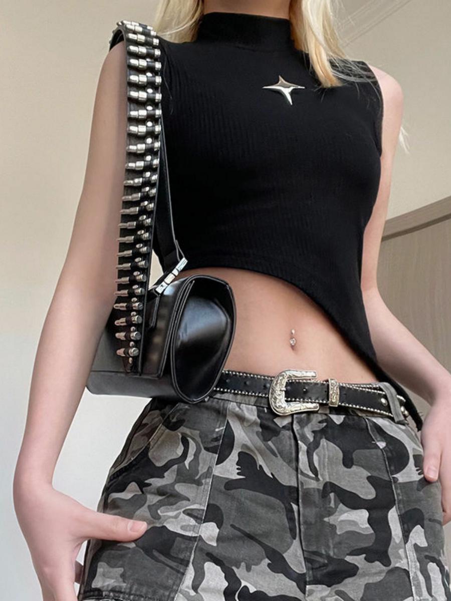 Women's Irregular Slanted Metal Star Decorative Vest - Half High-Neck, Tight-Fitting, Slimming Cropped Top for Versatile Style Women's Irregular Slanted Metal Star Decorative Vest - Half High-Neck, Tight-Fitting, Slimming Cropped Top for Versatile Style