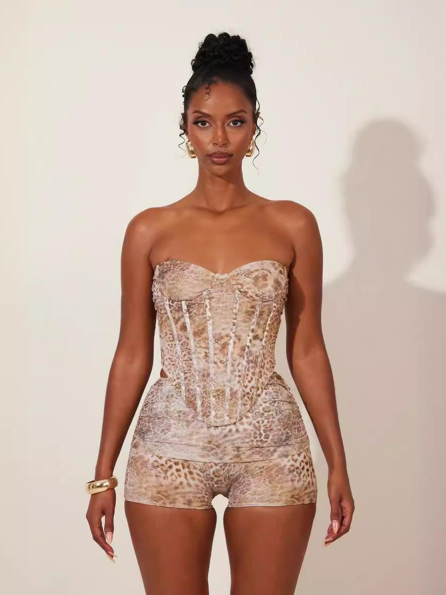 Women's Irregular Strapless Animal Print Tank Top and Shorts Two-Piece Set - European and American Vacation Style