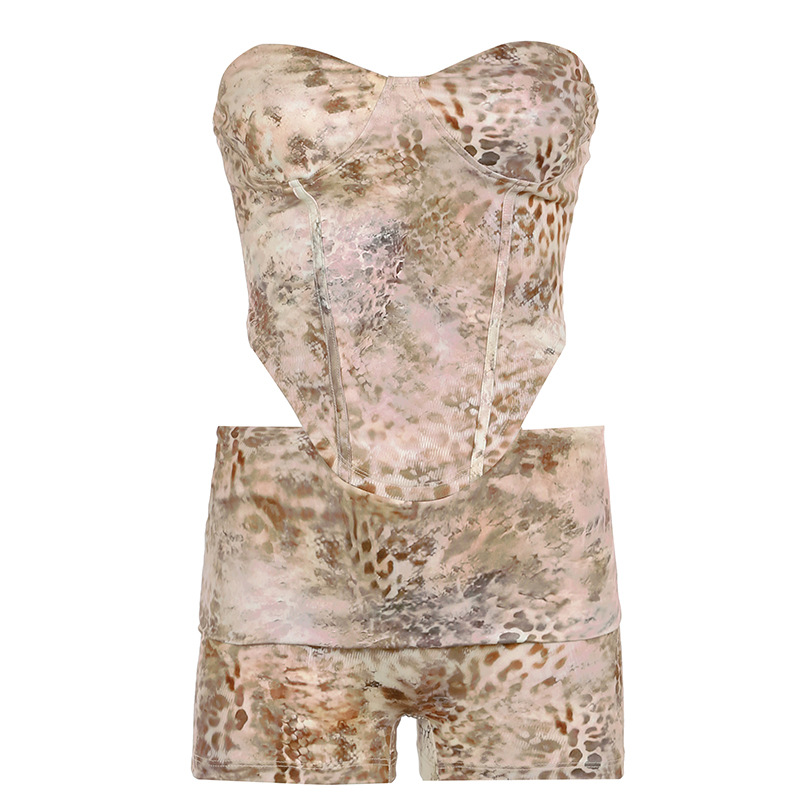 Women's Irregular Strapless Animal Print Tank Top and Shorts Two-Piece Set - European and American Vacation Style