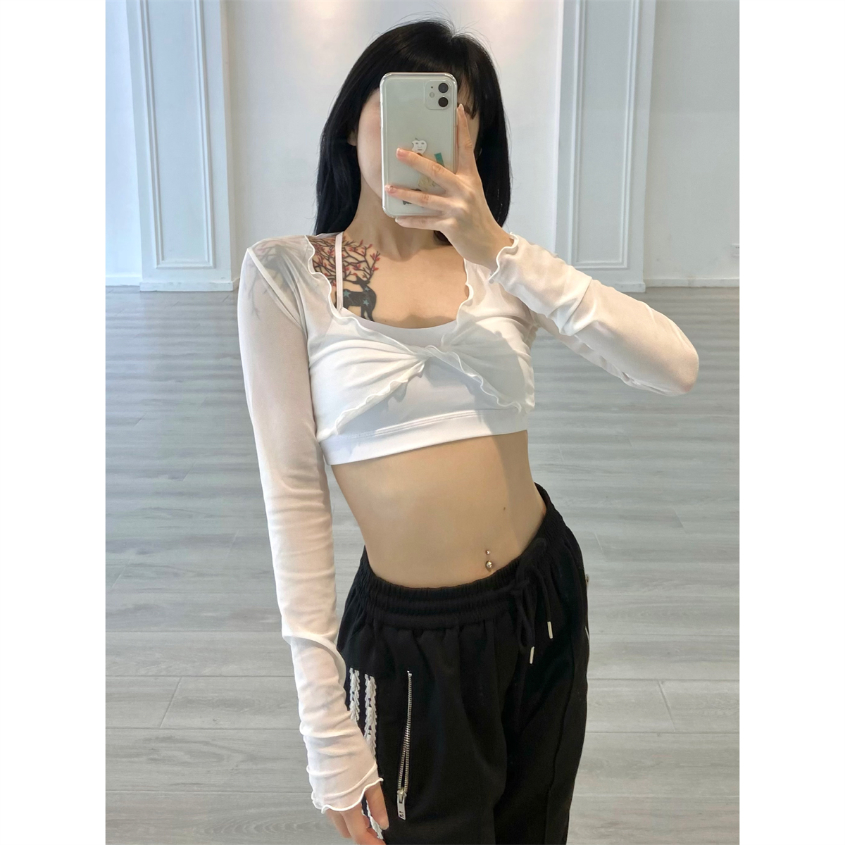 Women's Jazz Dance Cropped Top - Sexy Summer Solid Color with Ruffled Edge & Cross Mesh Cover-Up, Ideal for Y2K and Festival Fashion Women's Jazz Dance Cropped Top - Sexy Summer Solid Color with Ruffled Edge & Cross Mesh Cover-Up, Ideal for Y2K and Festival Fashion