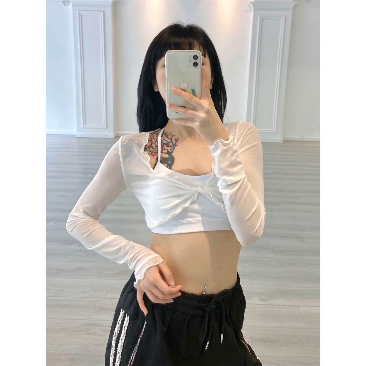 Women's Jazz Dance Cropped Top - Sexy Summer Solid Color with Ruffled Edge & Cross Mesh Cover-Up, Ideal for Y2K and Festival Fashion Women's Jazz Dance Cropped Top - Sexy Summer Solid Color with Ruffled Edge & Cross Mesh Cover-Up, Ideal for Y2K and Festival Fashion