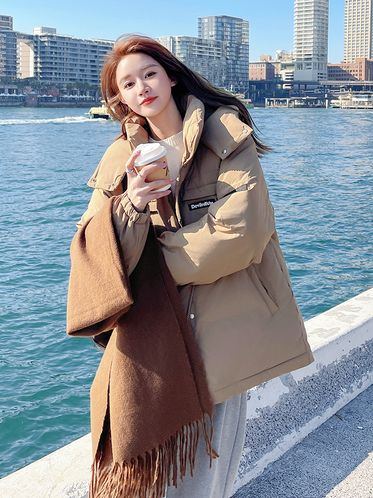 Women's Khaki Hooded Down Jacket, 2025 Winter New Style, Loose Fit, College Style, 90% White Duck Down, Petite Size