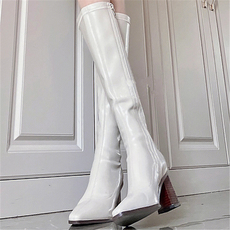Women's Knee-High Chunky Heeled Riding Boots - White Genuine Leather, Pointed Toe, Side Zipper, Autumn Winter 2025 Fashion Women's Knee-High Chunky Heeled Riding Boots - White Genuine Leather, Pointed Toe, Side Zipper, Autumn Winter 2025 Fashion