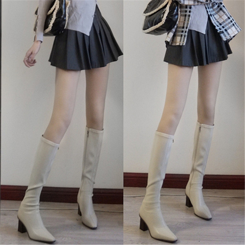 Women's Knee-High Chunky Heeled Riding Boots - White Genuine Leather, Pointed Toe, Side Zipper, Autumn Winter 2025 Fashion Women's Knee-High Chunky Heeled Riding Boots - White Genuine Leather, Pointed Toe, Side Zipper, Autumn Winter 2025 Fashion