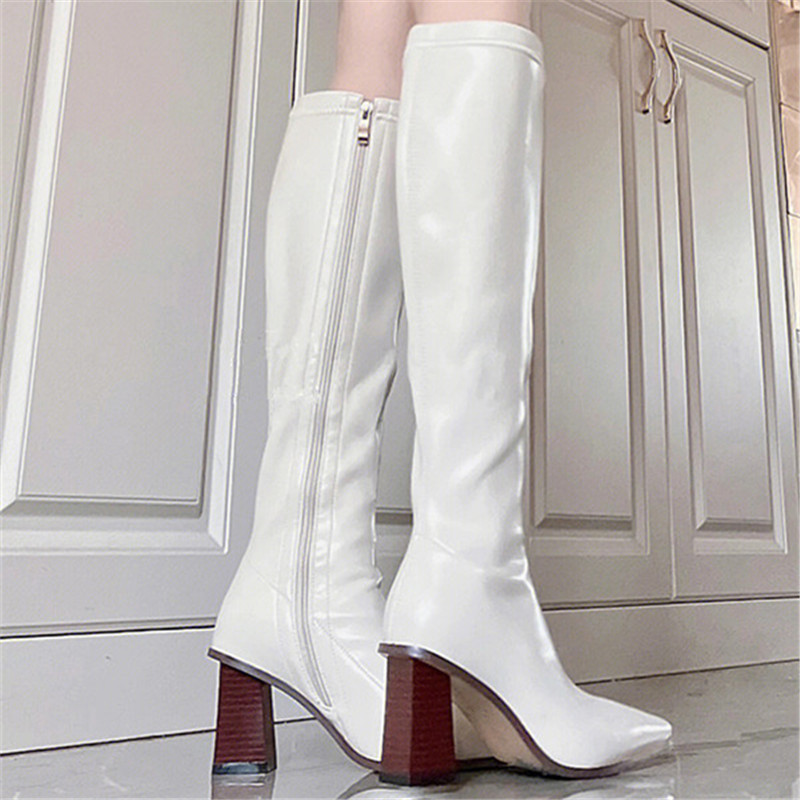 Women's Knee-High Chunky Heeled Riding Boots - White Genuine Leather, Pointed Toe, Side Zipper, Autumn Winter 2025 Fashion