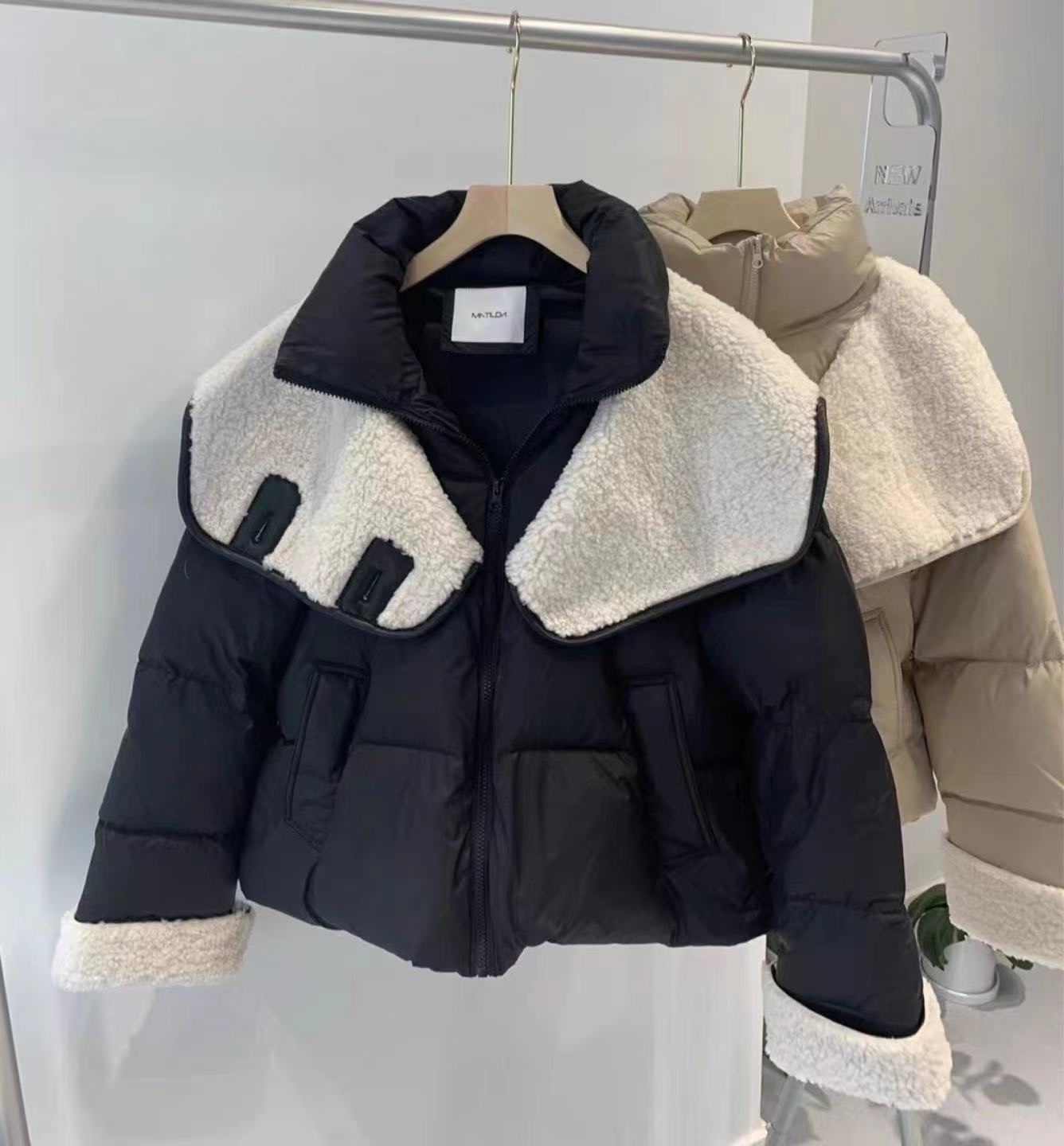 Women's Korean Style Spliced Lamb Wool Short Down Jacket - 80% Duck Down Autumn Winter Fashion Outerwear