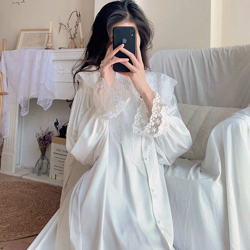Women's Long Sleeve Lace Nightgown, Sexy Ice Silk Mid-Length Pajamas, Japanese Style Spring Autumn Sleepwear, Lightweight White