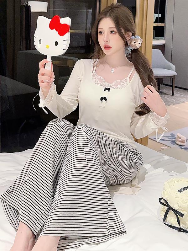 Women's Long-Sleeve Modal Cotton Pajama Set with Chest Pads and Striped Lace, Cozy Spring and Autumn Homewear 2025. Women's Long-Sleeve Modal Cotton Pajama Set with Chest Pads and Striped Lace, Cozy Spring and Autumn Homewear 2025.