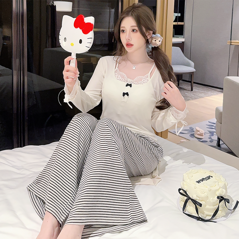 Women's Long-Sleeve Modal Cotton Pajama Set with Chest Pads and Striped Lace, Cozy Spring and Autumn Homewear 2025.