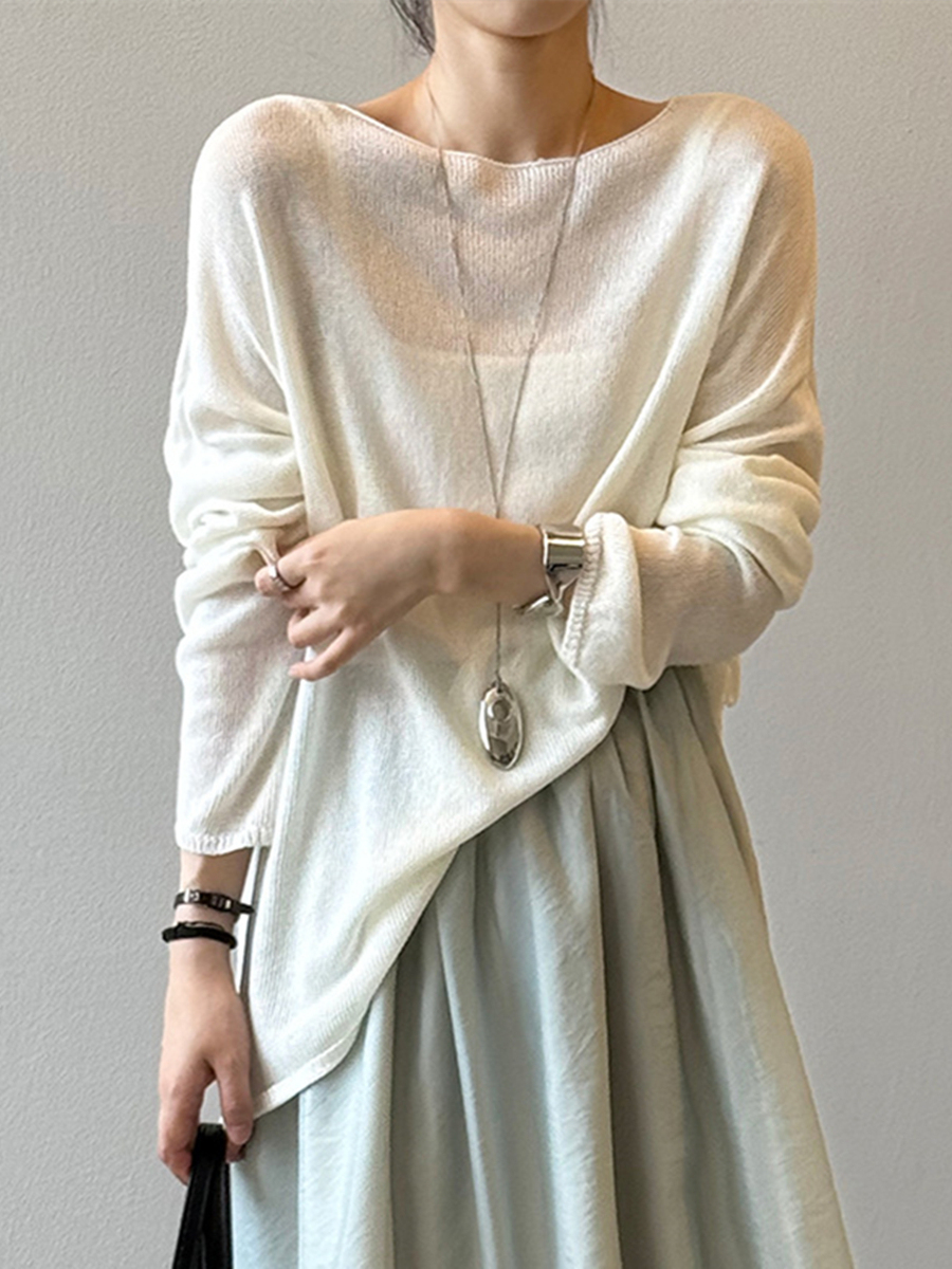 Women's Loose-Fit Knitted Sweater - Thin Linen Blend, Long Sleeve Round Neck, 2025 Summer Sun Protection Cover-Up Women's Loose-Fit Knitted Sweater - Thin Linen Blend, Long Sleeve Round Neck, 2025 Summer Sun Protection Cover-Up
