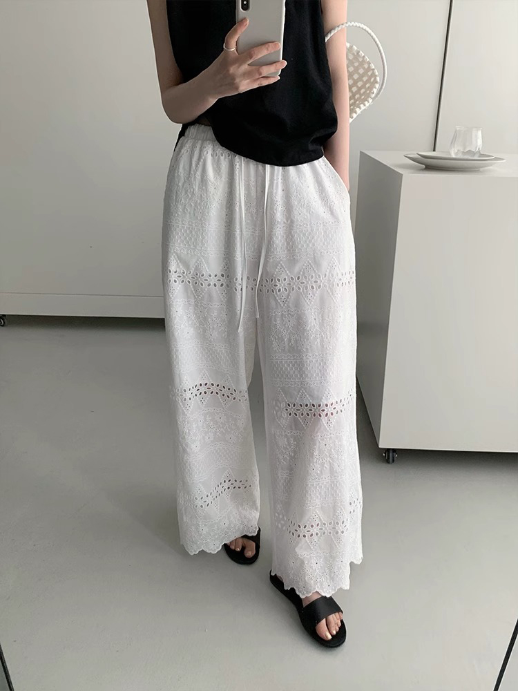Women's Loose-Fitting Wide-Leg Pants with Elastic Waist, Hollow-Out Design, Slimming Versatile Trousers for Summer 2025 Women's Loose-Fitting Wide-Leg Pants with Elastic Waist, Hollow-Out Design, Slimming Versatile Trousers for Summer 2025