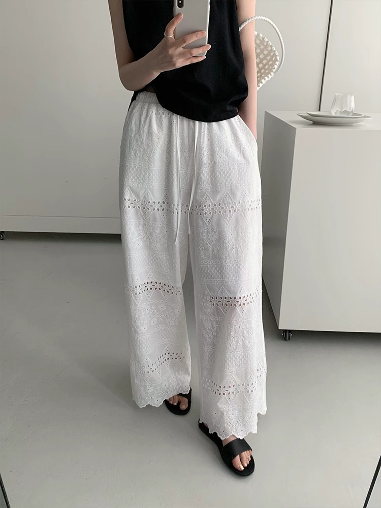 Women's Loose-Fitting Wide-Leg Pants with Elastic Waist, Hollow-Out Design, Slimming Versatile Trousers for Summer 2025