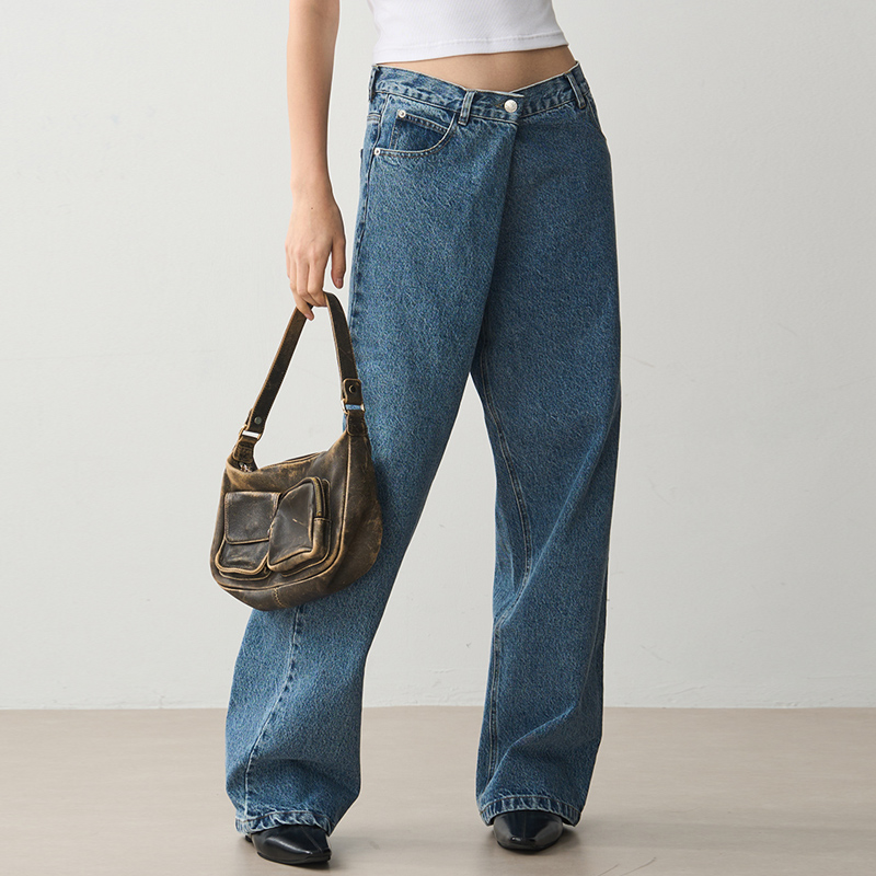 Women's Loose Wide-Leg Denim Pants with Slant Pockets - Casual Straight Fit, 2025 Trendy Fashion for Effortless Style