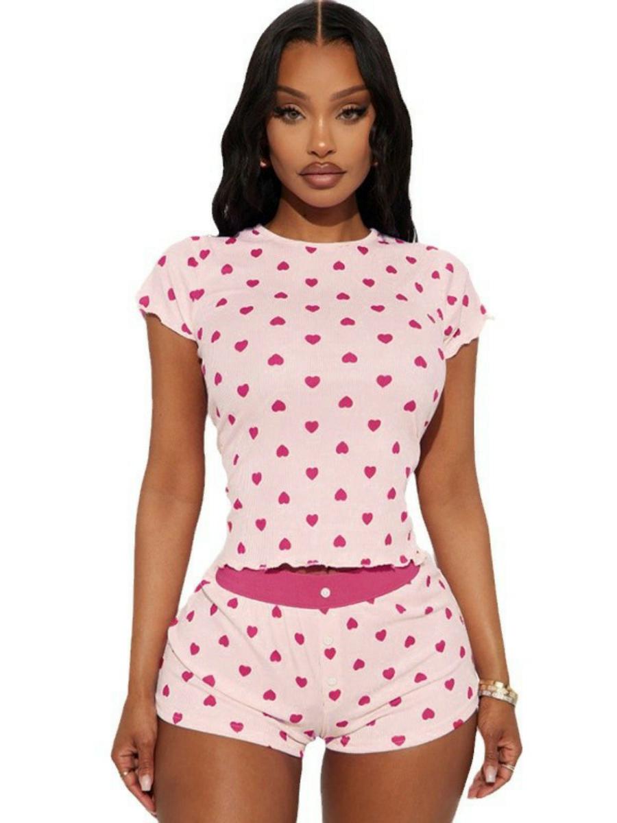 Women's Love Heart Print Short Sleeve Pajamas Set - Casual Two-Piece Homewear Outfit in European American Style Women's Love Heart Print Short Sleeve Pajamas Set - Casual Two-Piece Homewear Outfit in European American Style