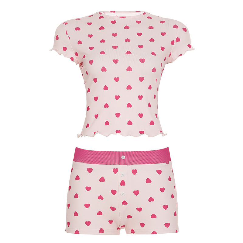 Women's Love Heart Print Short Sleeve Pajamas Set - Casual Two-Piece Homewear Outfit in European American Style