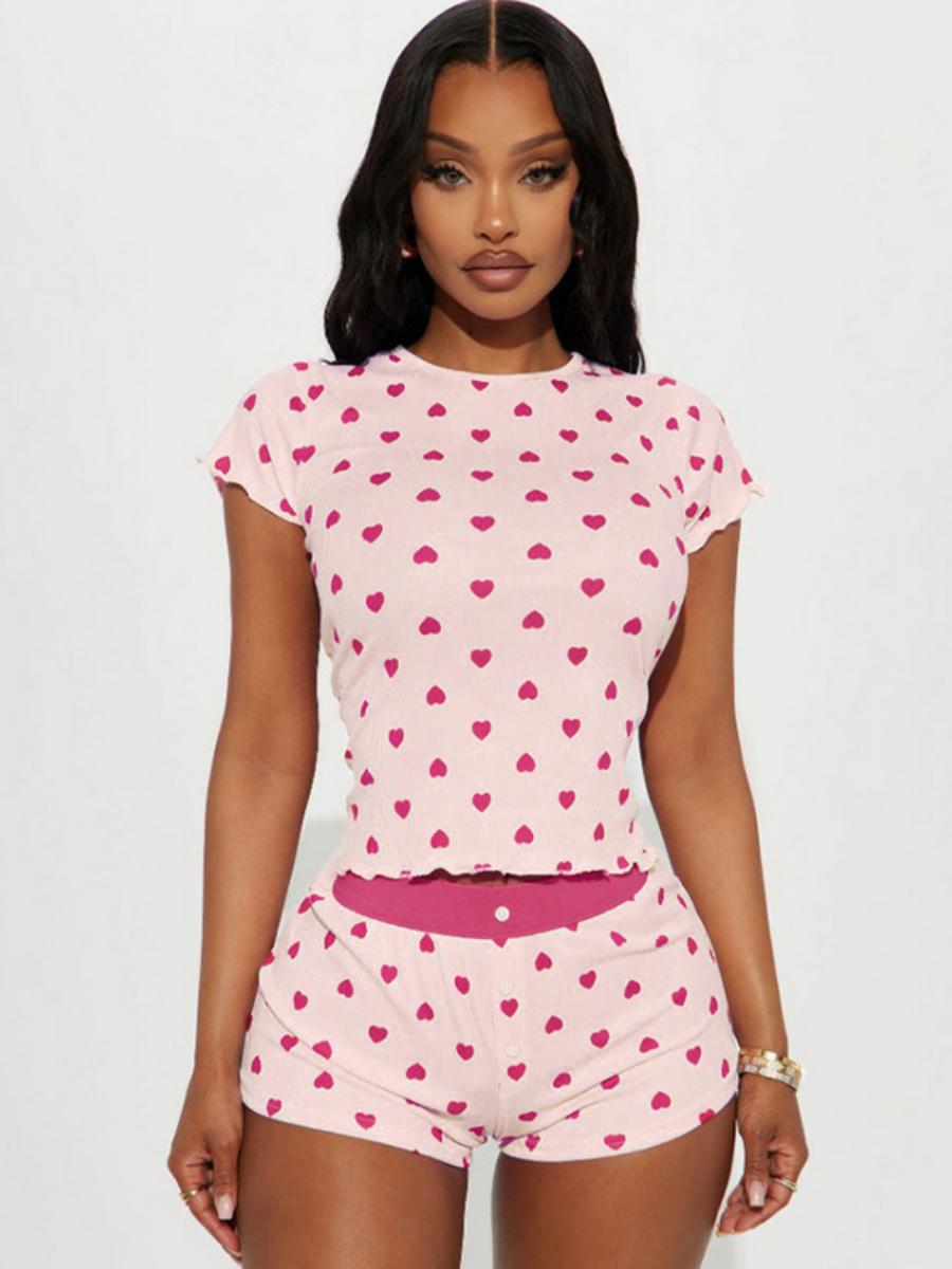 Women's Love Heart Print Short Sleeve Pajamas Set - Casual Two-Piece Homewear Outfit in European American Style Women's Love Heart Print Short Sleeve Pajamas Set - Casual Two-Piece Homewear Outfit in European American Style