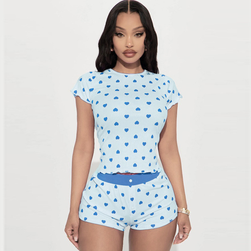 Women's Love Heart Print Short Sleeve Pajamas Set - Casual Two-Piece Homewear Outfit in European American Style Women's Love Heart Print Short Sleeve Pajamas Set - Casual Two-Piece Homewear Outfit in European American Style