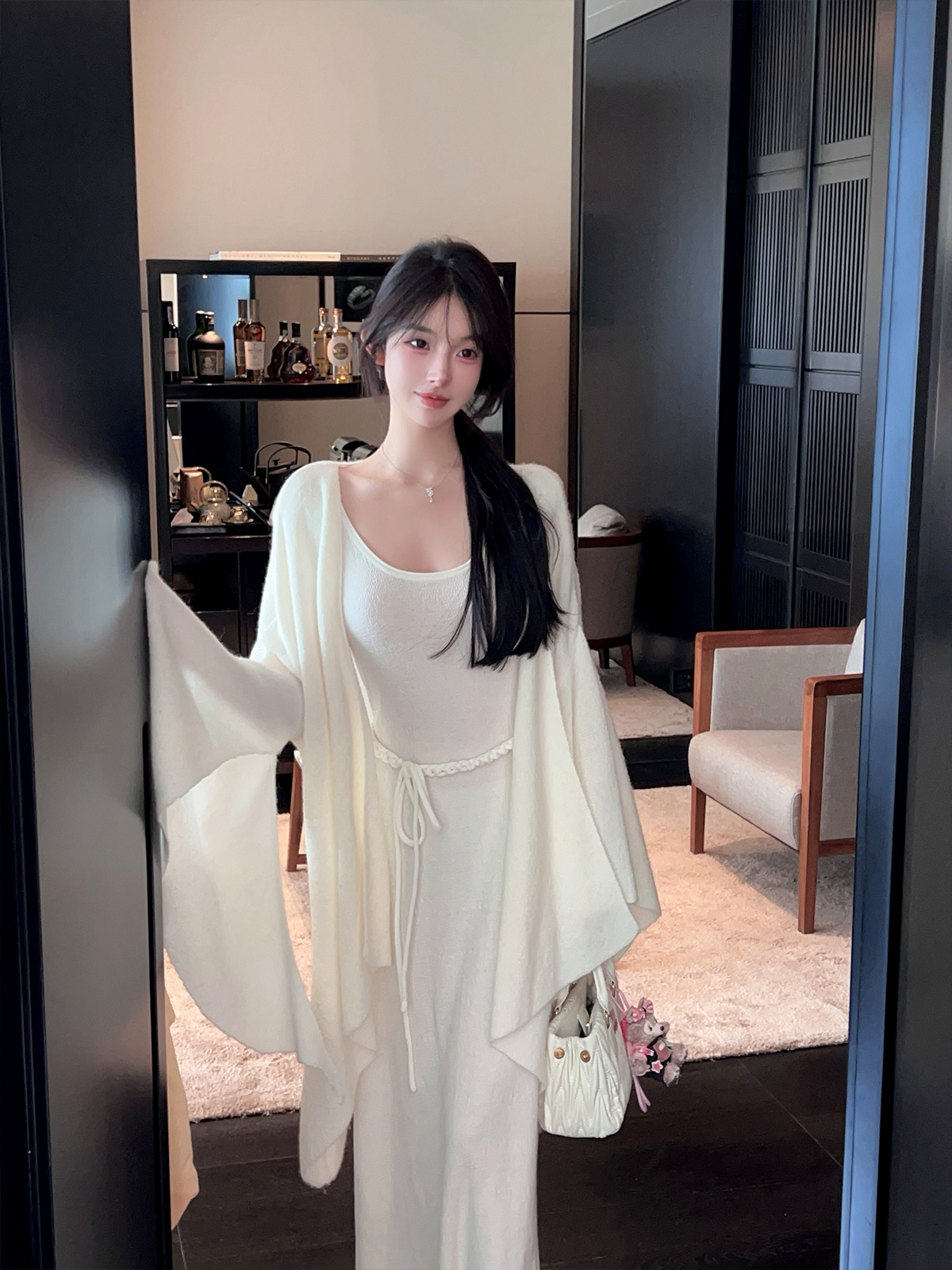 Women's Mid-Length White Knitted Cardigan - Soft Cozy Bell Sleeve Shawl Sweater for Autumn Winter, Casual Layering Essential Women's Mid-Length White Knitted Cardigan - Soft Cozy Bell Sleeve Shawl Sweater for Autumn Winter, Casual Layering Essential