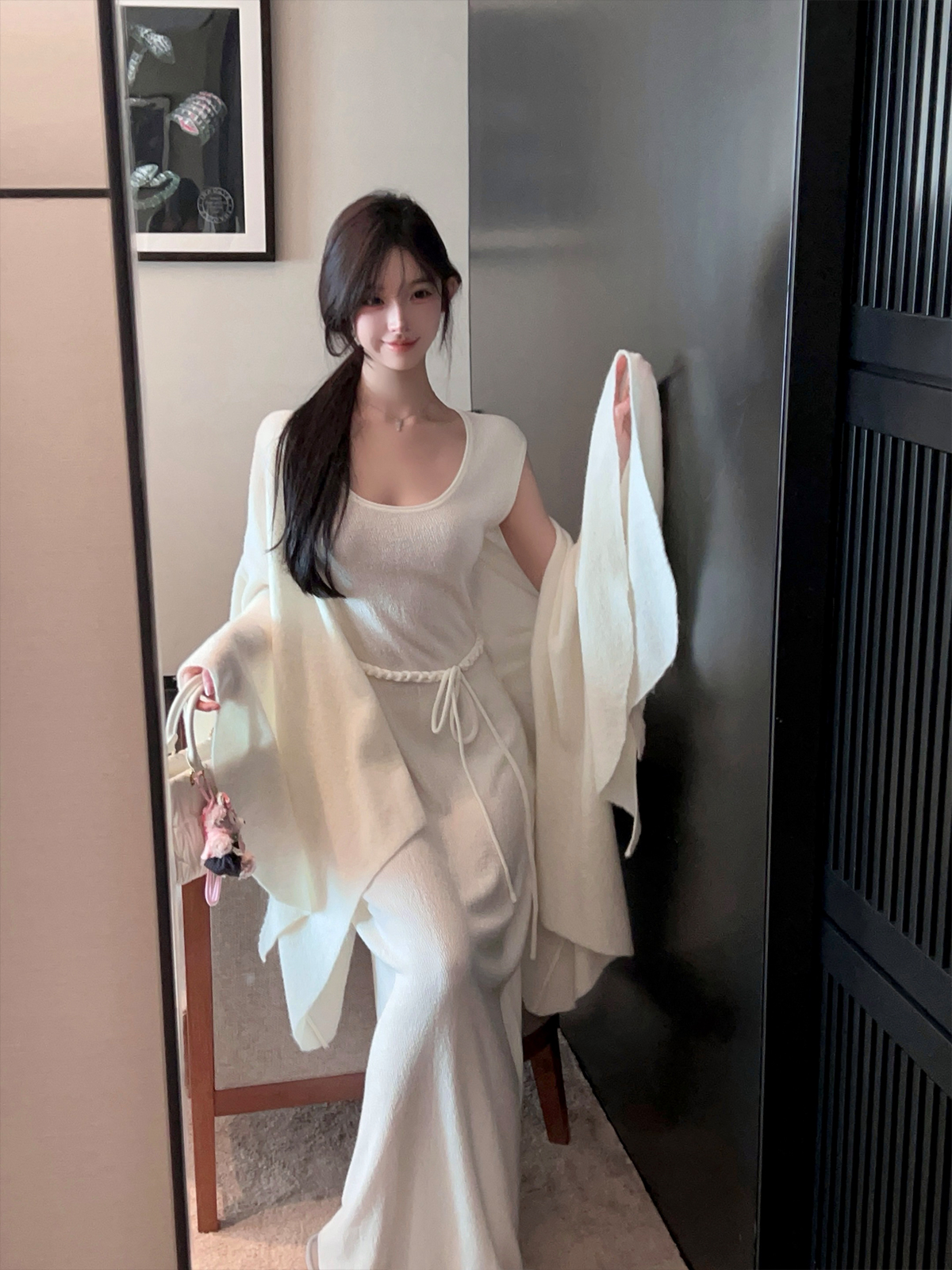 Women's Mid-Length White Knitted Cardigan - Soft Cozy Bell Sleeve Shawl Sweater for Autumn Winter, Casual Layering Essential Women's Mid-Length White Knitted Cardigan - Soft Cozy Bell Sleeve Shawl Sweater for Autumn Winter, Casual Layering Essential