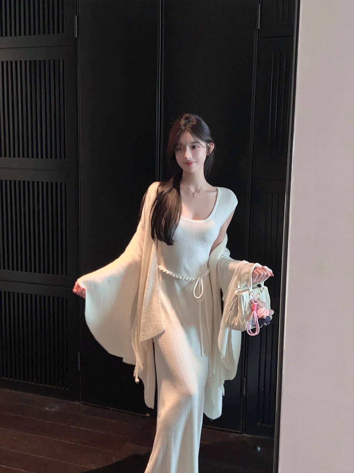 Women's Mid-Length White Knitted Cardigan - Soft Cozy Bell Sleeve Shawl Sweater for Autumn Winter, Casual Layering Essential Women's Mid-Length White Knitted Cardigan - Soft Cozy Bell Sleeve Shawl Sweater for Autumn Winter, Casual Layering Essential