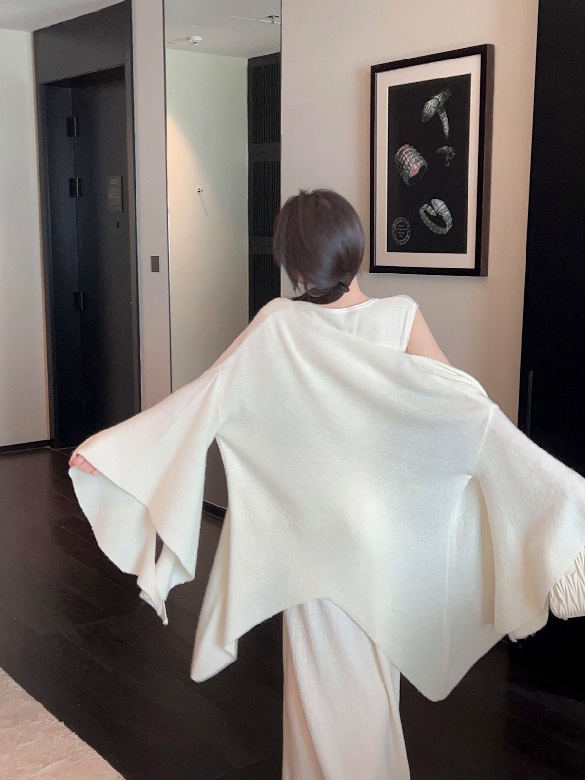 Women's Mid-Length White Knitted Cardigan - Soft Cozy Bell Sleeve Shawl Sweater for Autumn Winter, Casual Layering Essential Women's Mid-Length White Knitted Cardigan - Soft Cozy Bell Sleeve Shawl Sweater for Autumn Winter, Casual Layering Essential