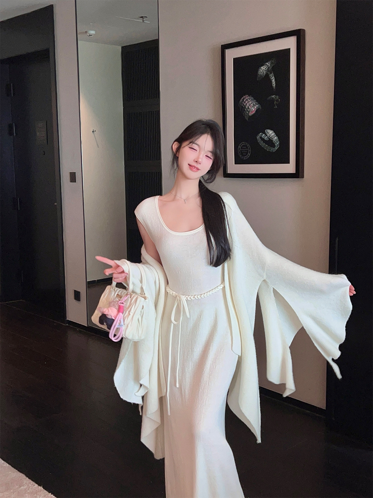 Women's Mid-Length White Knitted Cardigan - Soft Cozy Bell Sleeve Shawl Sweater for Autumn Winter, Casual Layering Essential