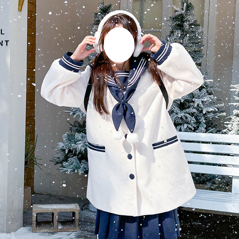 Women's Pink and White Woolen JK Uniform Set with Navy Collar - Cute Autumn Winter Top for Best Friends Fashion