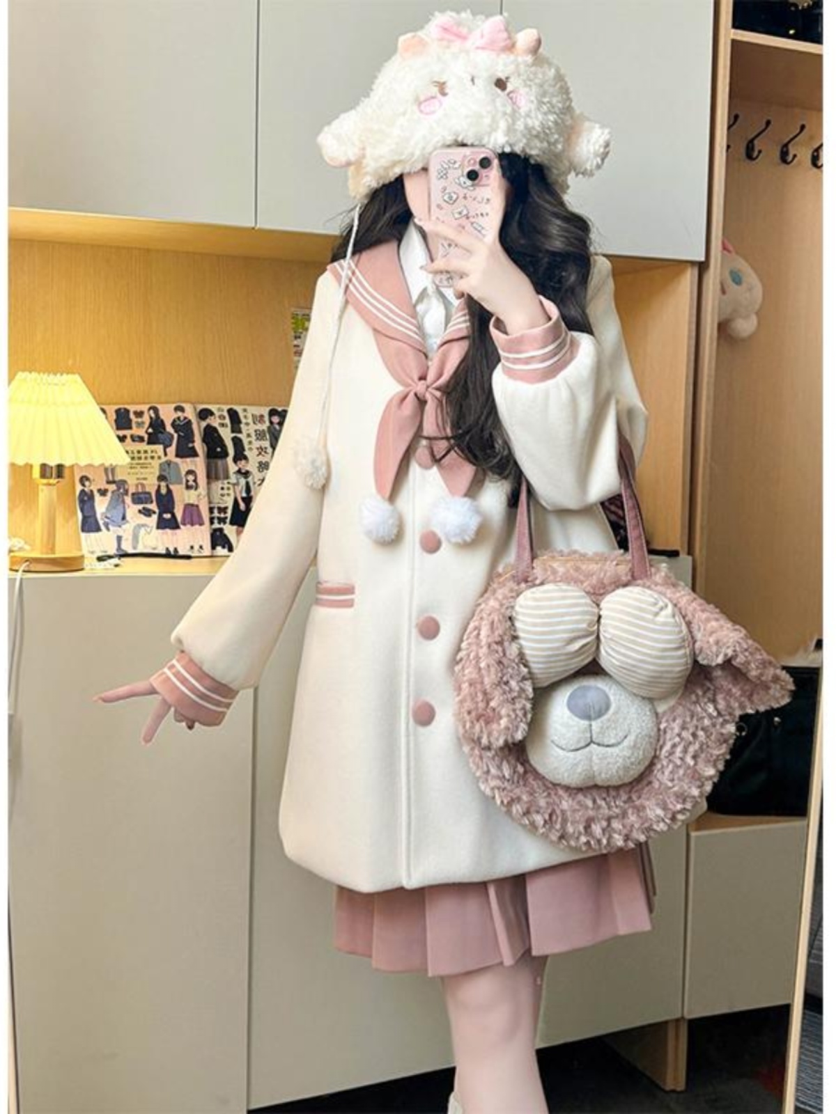 Women's Pink and White Woolen JK Uniform Set with Navy Collar - Cute Autumn Winter Top for Best Friends Fashion Women's Pink and White Woolen JK Uniform Set with Navy Collar - Cute Autumn Winter Top for Best Friends Fashion