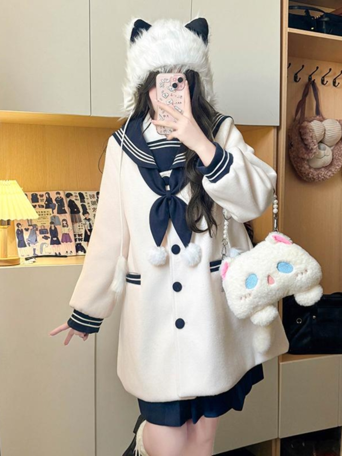 Women's Pink and White Woolen JK Uniform Set with Navy Collar - Cute Autumn Winter Top for Best Friends Fashion Women's Pink and White Woolen JK Uniform Set with Navy Collar - Cute Autumn Winter Top for Best Friends Fashion