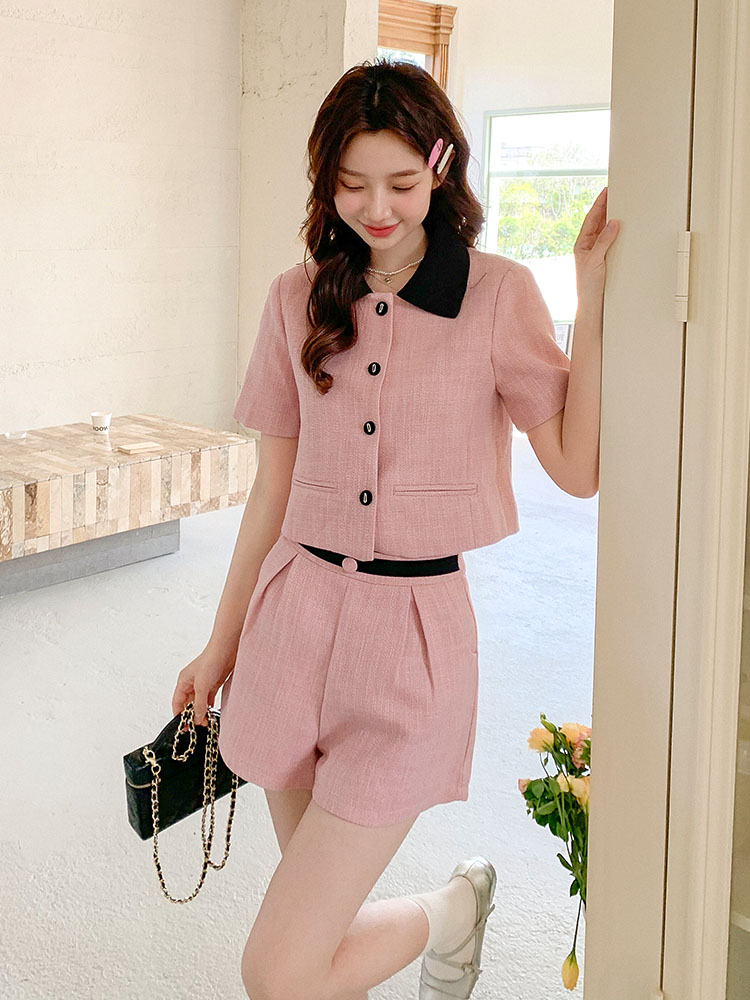 Women's Pink Color-Blocking Two-Piece Set - Summer 2025 Short Sleeve Top and Shorts for Petite Sizes, Trendy Casual Fashion