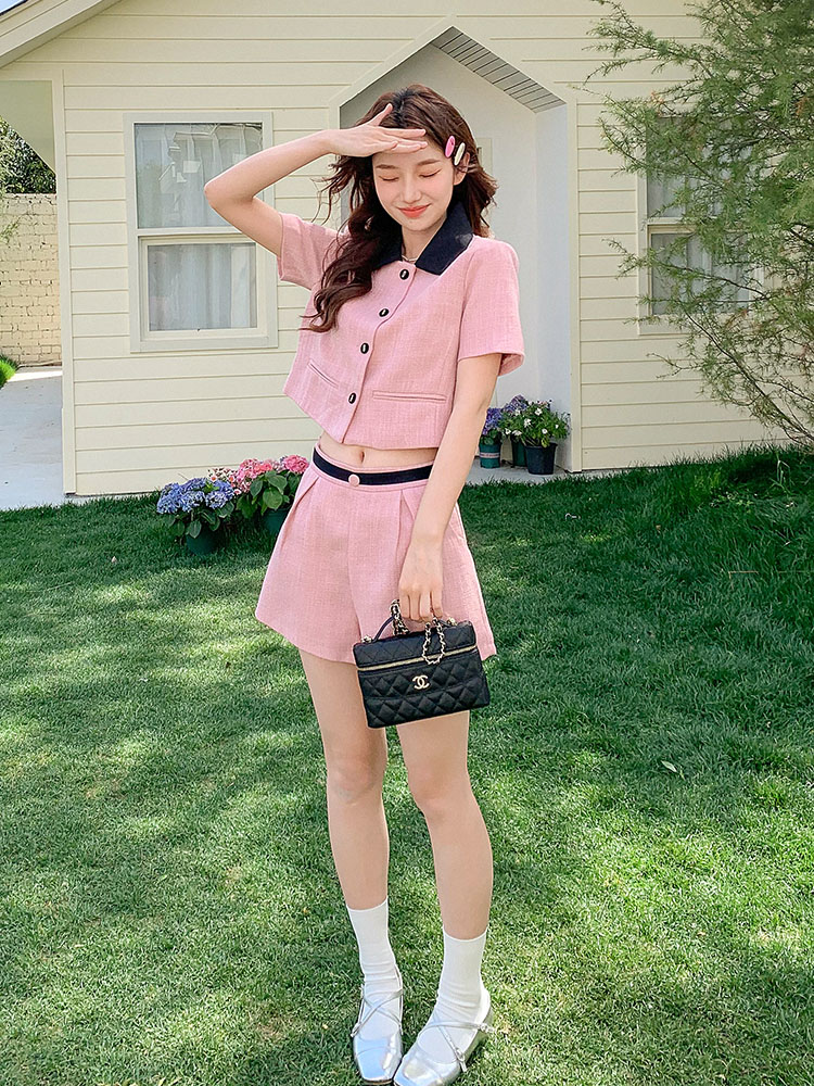 Women's Pink Color-Blocking Two-Piece Set - Summer 2025 Short Sleeve Top and Shorts for Petite Sizes, Trendy Casual Fashion