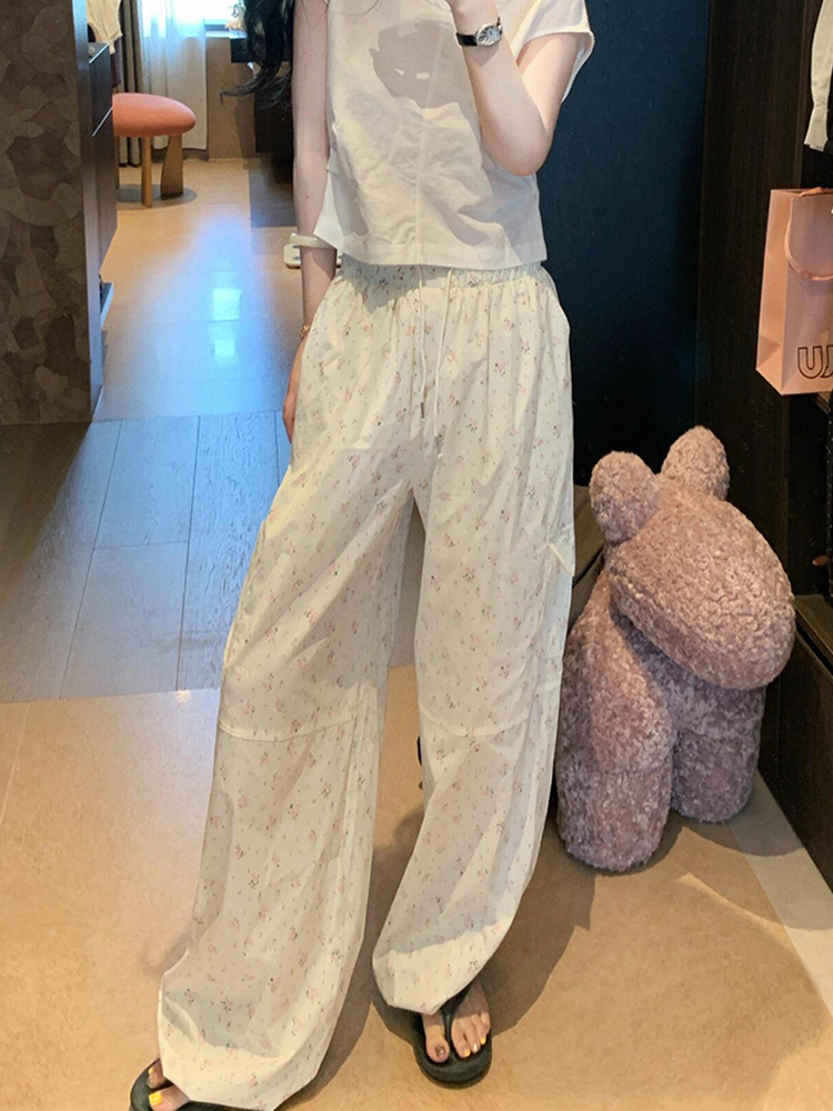Women's Pink Floral Wide-Leg Pants - Casual High-Waisted Trousers for Summer 2025, Loose Fit, Floor-Length Style Women's Pink Floral Wide-Leg Pants - Casual High-Waisted Trousers for Summer 2025, Loose Fit, Floor-Length Style