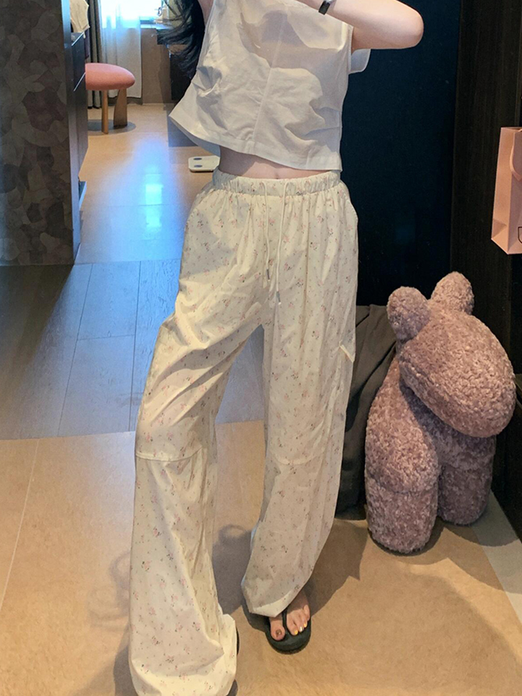 Women's Pink Floral Wide-Leg Pants - Casual High-Waisted Trousers for Summer 2025, Loose Fit, Floor-Length Style Women's Pink Floral Wide-Leg Pants - Casual High-Waisted Trousers for Summer 2025, Loose Fit, Floor-Length Style