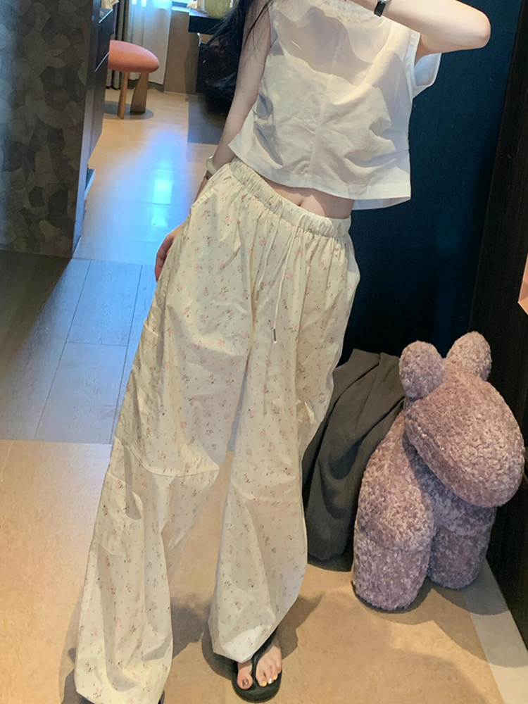 Women's Pink Floral Wide-Leg Pants - Casual High-Waisted Trousers for Summer 2025, Loose Fit, Floor-Length Style Women's Pink Floral Wide-Leg Pants - Casual High-Waisted Trousers for Summer 2025, Loose Fit, Floor-Length Style