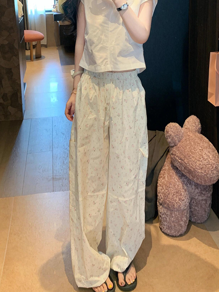 Women's Pink Floral Wide-Leg Pants - Casual High-Waisted Trousers for Summer 2025, Loose Fit, Floor-Length Style