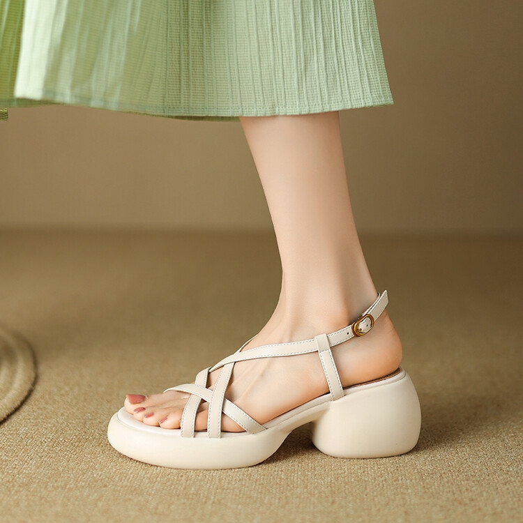 Women's Platform Thick-Soled Sandals with Cross Straps, Chunky Heels, Open-Toe Genuine Leather, Summer 2025 Fashion