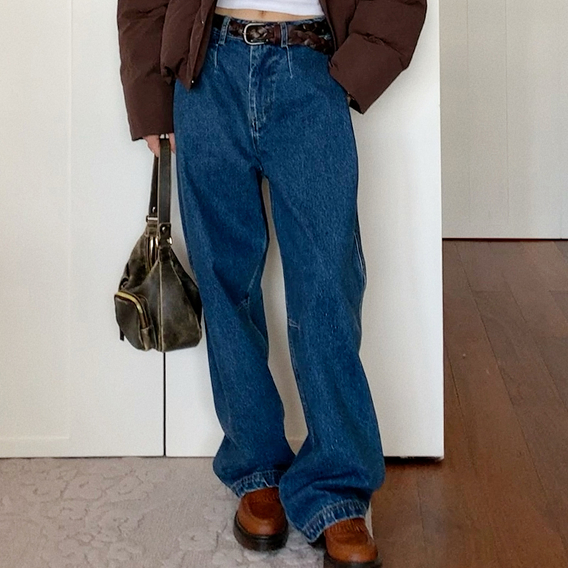 Women's Pleated Denim Pants - Casual Loose Straight Leg Trousers for Autumn Winter 2025 - Trendy 90s Inspired Style