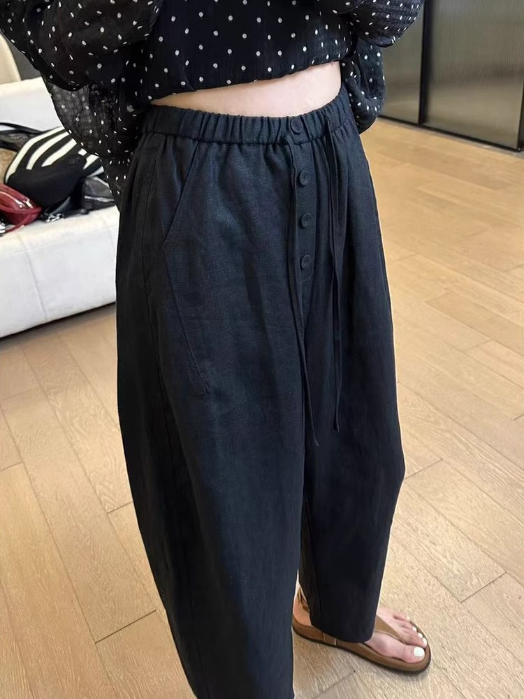 Women's Plus-Size Lightweight High-Waisted Casual Summer Pants, Drawstring Wide-Leg, Nine-Point Length for Pear-Shaped Figures Women's Plus-Size Lightweight High-Waisted Casual Summer Pants, Drawstring Wide-Leg, Nine-Point Length for Pear-Shaped Figures