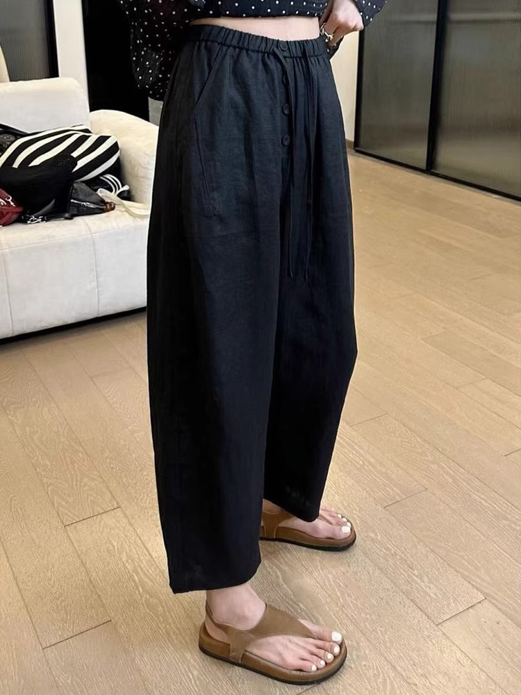 Women's Plus-Size Lightweight High-Waisted Casual Summer Pants, Drawstring Wide-Leg, Nine-Point Length for Pear-Shaped Figures Women's Plus-Size Lightweight High-Waisted Casual Summer Pants, Drawstring Wide-Leg, Nine-Point Length for Pear-Shaped Figures