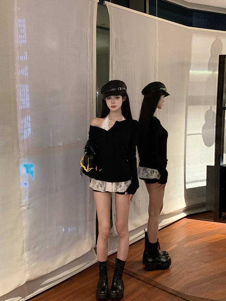 Women's Pure Black V-neck Knitted Sweater, Autumn Style, Waist-Defining Slim Fit, Versatile Y2K Hot Girl Top Women's Pure Black V-neck Knitted Sweater, Autumn Style, Waist-Defining Slim Fit, Versatile Y2K Hot Girl Top