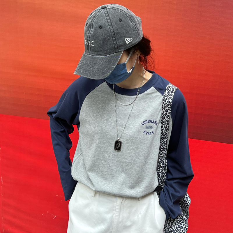 Women's Pure Cotton Color Block Long Sleeve T-Shirt - Slim Fit Spliced Design for Autumn 2025 - Trendy Everyday Wear