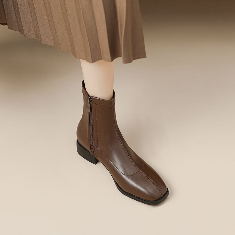 Women's Retro Chunky Heel Ankle Boots, Round Toe, Side Zipper, Slim Fit, Mid-Heel, Large Size 41-43, Versatile 90s Style